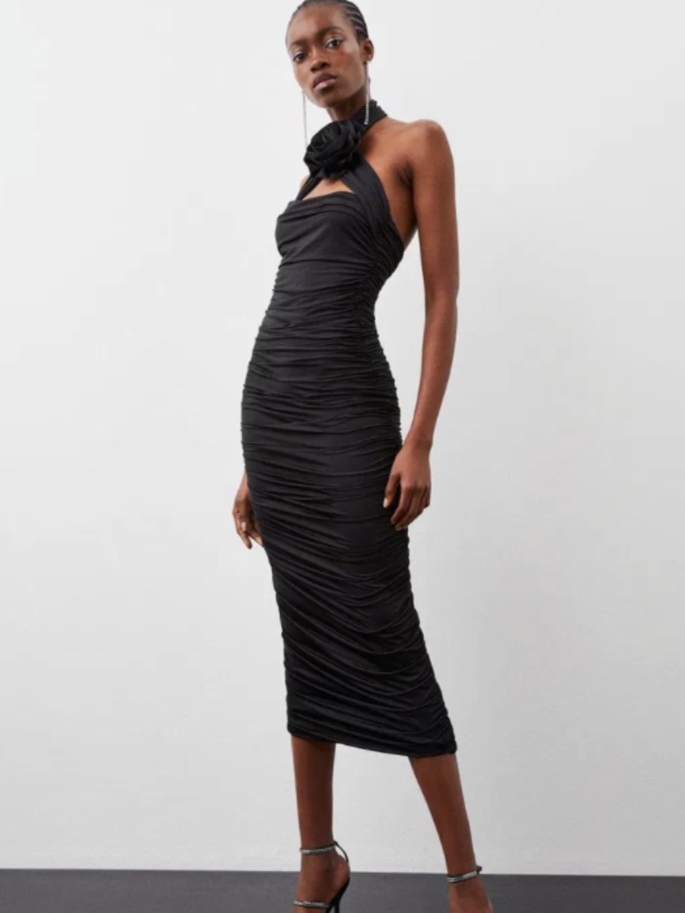 Karen Millen Black Jersey Rosette Ruched Midi Dress